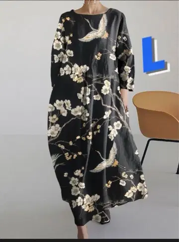 일본풍 패턴 학과 벚꽃 꽃 롱 원피스 블랙 베이스 L