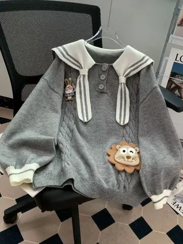 세일러 카라 그레이 긴팔 니트