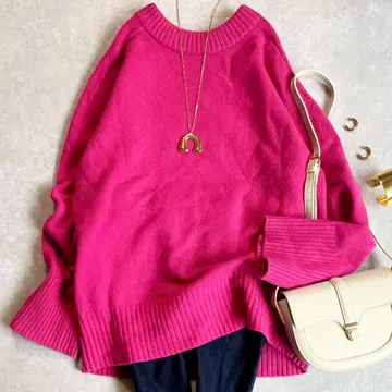 새상품급 미라 오웬 울 캐시미어 래글런 크루 니트 리브 절개 핑크