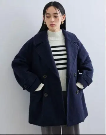 VIS 샤기 미디 기장 피 코트 네이비 M 사이즈