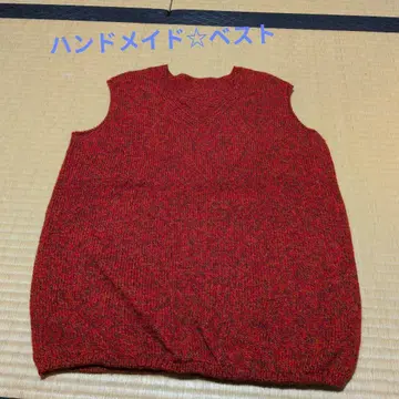 핸드메이드 니트 베스트 빨간색 V넥