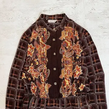 빈티지풍 플라워 프린트 체크 무늬 긴팔 롱 원피스 11호 브라운