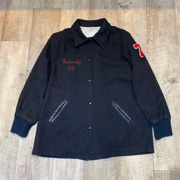 70s 빈티지 블랙 바시티 자켓 체인 스티치