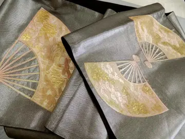 순수 실크 은박에 부채의 후쿠로 오비 자수 오비 타이코 패턴