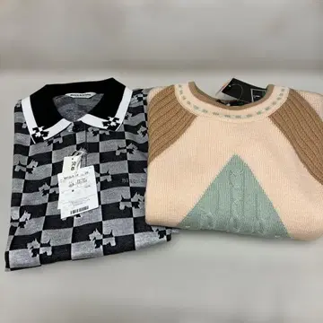 Black & White 체크 무늬 피케 셔츠와 니트 세트