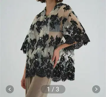 CLANE 반팔 셔츠 자수 블라우스 빅 블랙/화이트 Mix