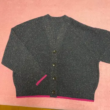 리브 편직 가디건 네이비 핑크