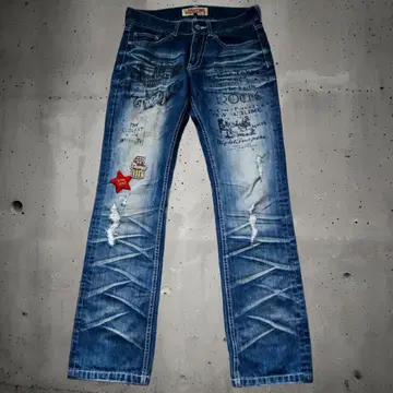 JACKROSE/잭로즈 데미지 가공 데님 팬츠 프린트 와펜