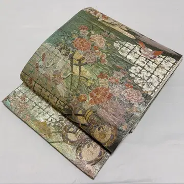 A 학과 꽃무늬 금은사 그린 순수 실크 육통 후쿠로 오비 포멀 O31