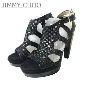 새상품급 지미추 가죽 뜨개질 오픈토 청키힐 샌들