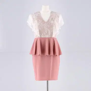 레이스 탑 페플럼 디자인 드레스 핑크