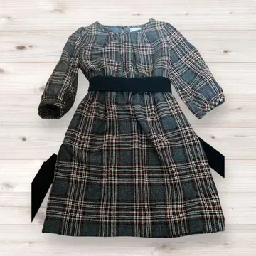 [ 새상품급 ] 그레이 체크 원피스 사이즈 38 울 75% 블랙 리본