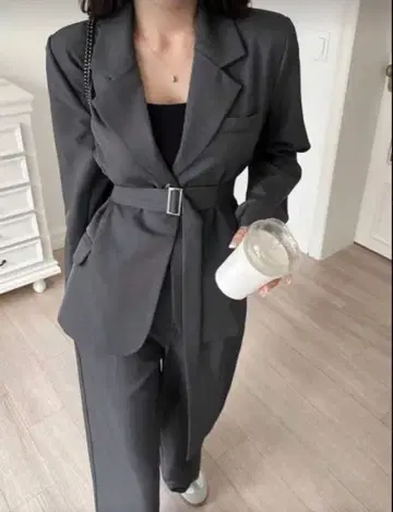 그레이 벨트 와이드 팬츠 수트 셋업 L 사이즈