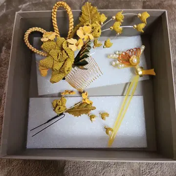 일본 의류 머리 장식 세트 옐로우 그린 꽃 모티브