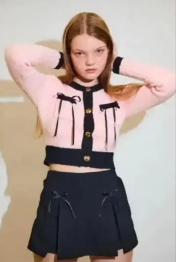 에핀 파이핑 리본 가디건 핑크