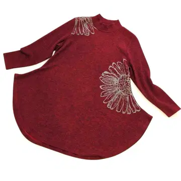 파인 하이넥 티셔츠 꽃무늬 A라인 스트레치 보르도