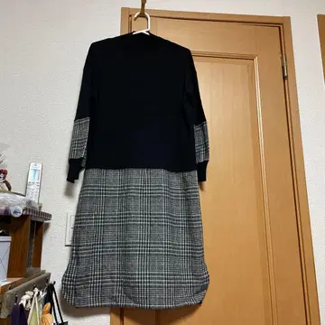 블랙 체크 무늬 7부 소매 원피스