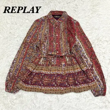 [ 새상품급 ] REPLAY 올 패턴 긴팔 셔츠 블라우스 S 레드 브라운