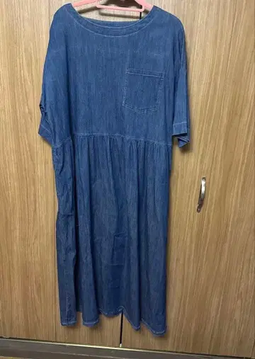 C 데님 플레어 롱 원피스 반팔