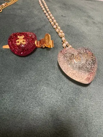 핑크하우스 클리어 라메 하트 목걸이 & 미니 헤어핀 2개 세트