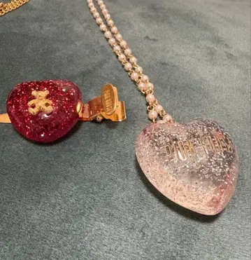 핑크하우스 클리어 라메 하트 목걸이 & 미니 헤어핀 2개 세트