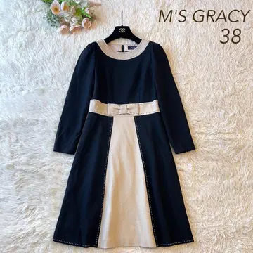 새상품급 M'S GRACY 리본 바이컬러 울 원피스 블랙 38