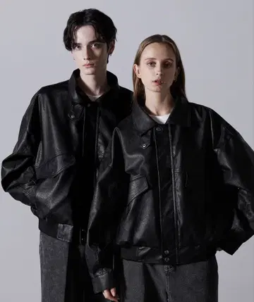 빈티지 디자인 인조 가죽 블루종