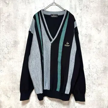 [DUNLOP] V넥 긴팔 니트 블랙 M 울 혼방 일본제 스트라이프
