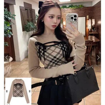 GRL 체크 무늬 프론트 오픈 리본 니트탑