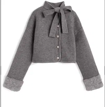 리본 펄 버튼 퍼 니트 가디건