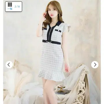 트위드 바이컬러 체크 프릴 소매 머메이드 미니 드레스