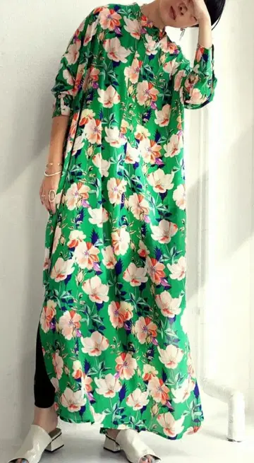 안티카 컬러풀 꽃무늬 롱 셔츠 롱 원피스