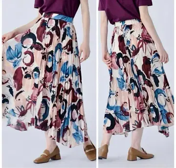 [ 택 포함 ] PLST 플라스테 프린트 불규칙 헴 플리츠 스커트