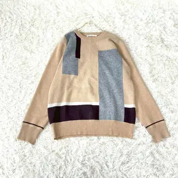 이카 크루넥 컬러 블록 니트 스웨터 L 베이지