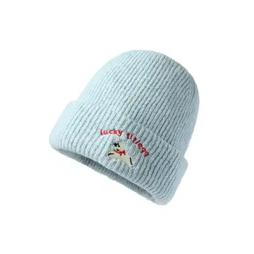 라이트 블루 강아지 자수 니트 모자