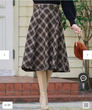 anysis [세탁 가능] 벨트 포인트 플레어 스커트 브라운 계열 체크