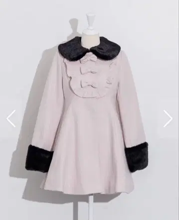 요크 프릴 리본 도리 코트 블랙 x 핑크