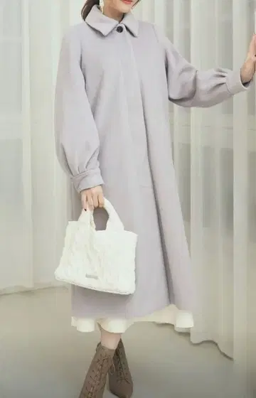 LANTINAM 스텐 칼라 퍼프 슬리브 롱 코트 블루 그레이 FREE