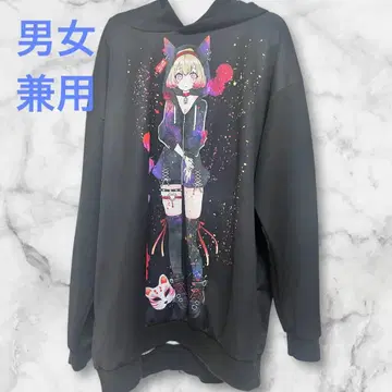 ankoROCK 고양이 귀 달린 블랙 후드티 남녀 공용 프리 사이즈