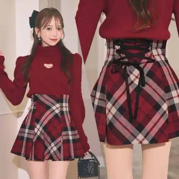 미셸 마카롱 플레어 체크 스커트 빨간색