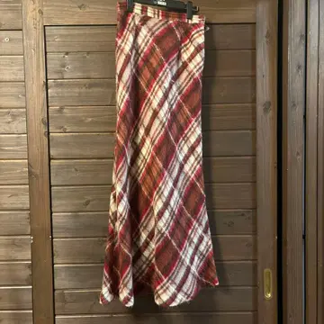 포우 도우 도우 빨간색 계열 체크 롱 스커트