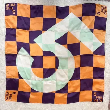 5PREVIEW 실크 스카프 체크 무늬 오렌지 보라색