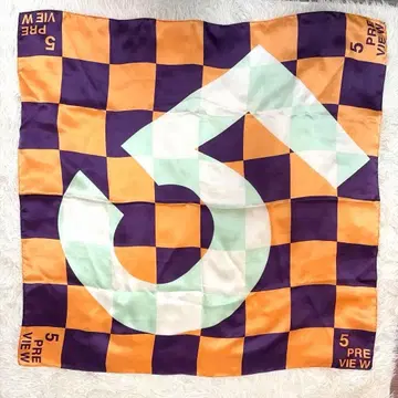 5PREVIEW 실크 스카프 체크 무늬 오렌지 보라색