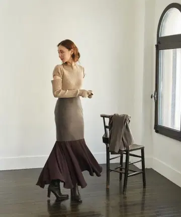 RANDEBOO 머메이드 시폰 롱 스커트 브라운