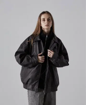 [ CLEL ] 빈티지 디자인 인조 가죽 블루종 차콜 그레이