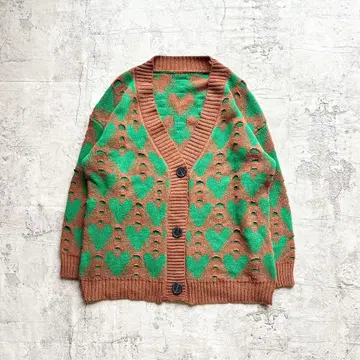 자카드 하트 무늬 가디건 니트 브라운 아우터 체형 커버 겉옷