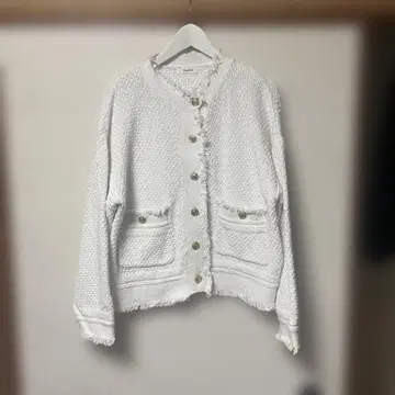 DouDou 트위드 니트 화이트 자켓 프린지 마감