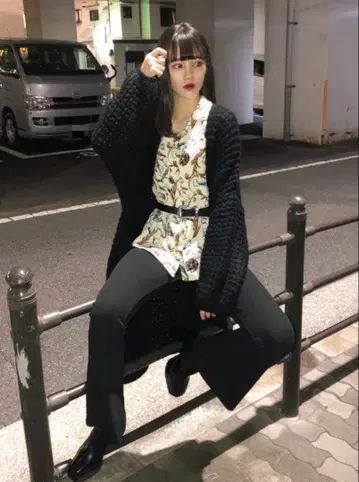 HARE 3게이지 BIG 와플 롱 가디건 블랙