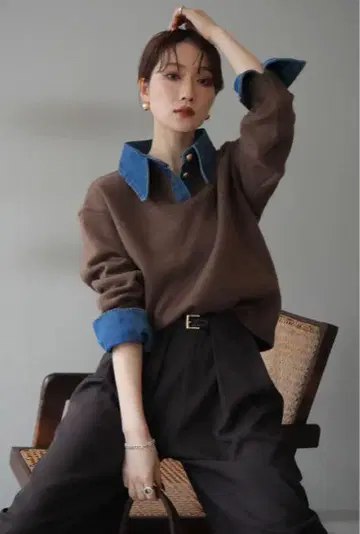 데님 옷깃 폴로 니트 풀오버 브라운/lumier 뤼미에 같은 형태