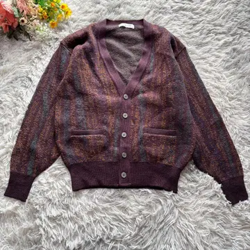 울 니트 가디건 남성용 [ F ] 보라색 멀티 스트라이프 V넥 일본제